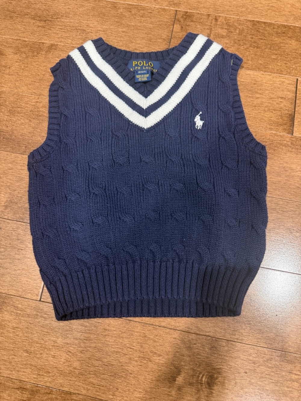 Polo by Ralph Lauren Navy Blue Cable Knit V‑Neck Sweater Vest with White Trim